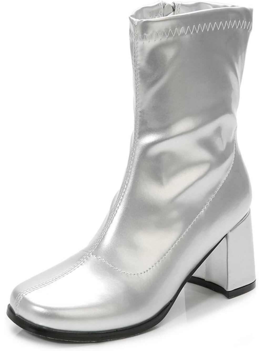 🆕Women's Silver Patent Gogo Boots Square Toe Chunky Block Heel Shoes
